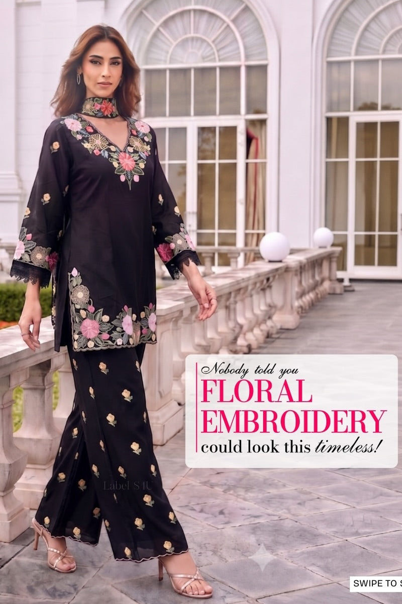 Moodnight Bloom Embroidered Palazzo Cord Set
