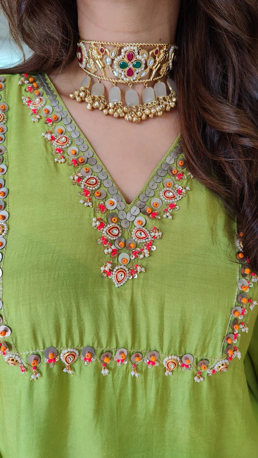 Lime Green Muslin Embroidered Kaftan Top & Skirt Set