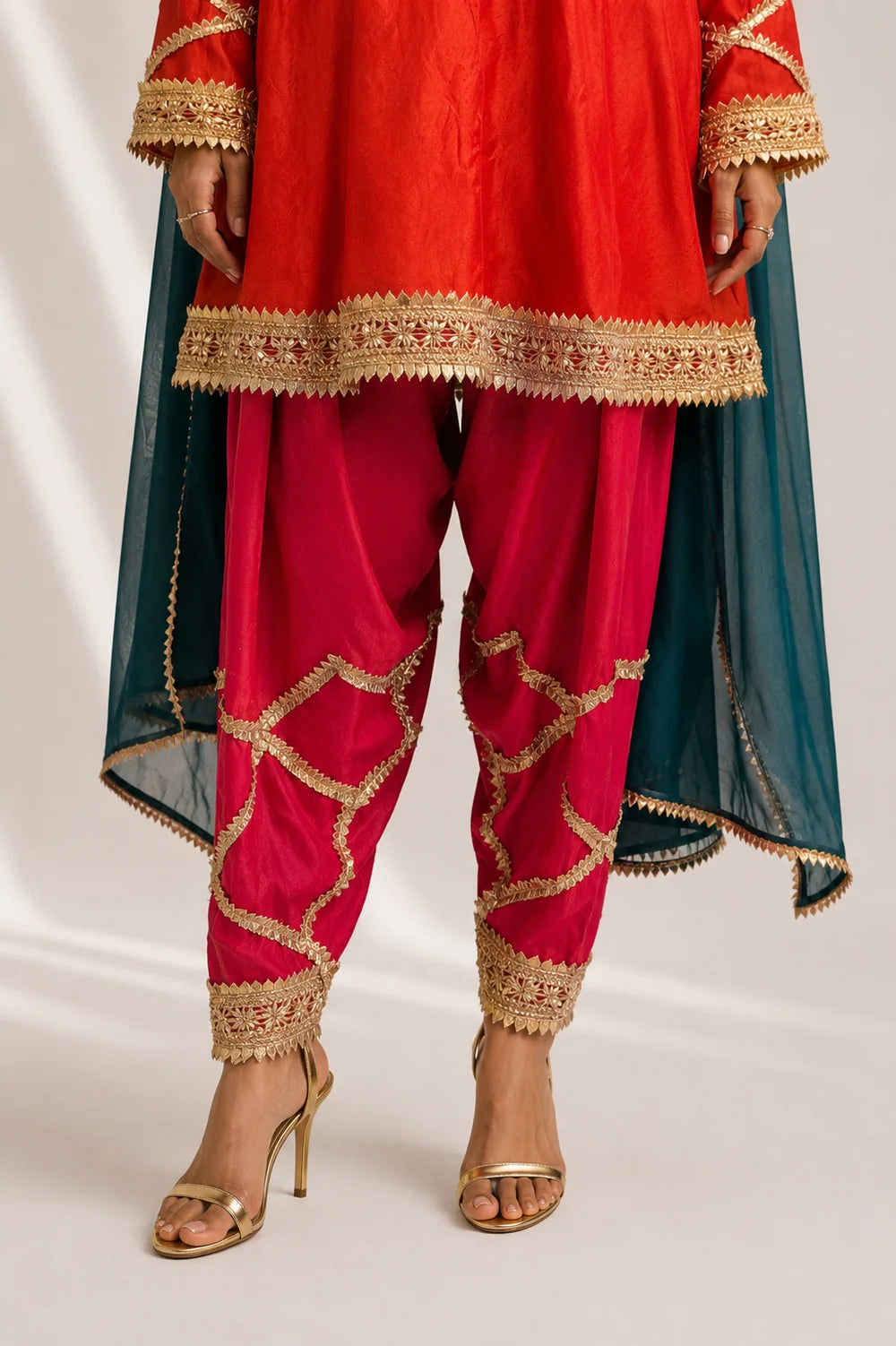 Silk Blend Red Kurti Pant Set with Embroidered Dupatta – 3 Piece Festive Suit