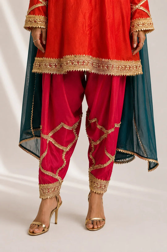 Silk Blend Red Kurti Pant Set with Embroidered Dupatta – 3 Piece Festive Suit