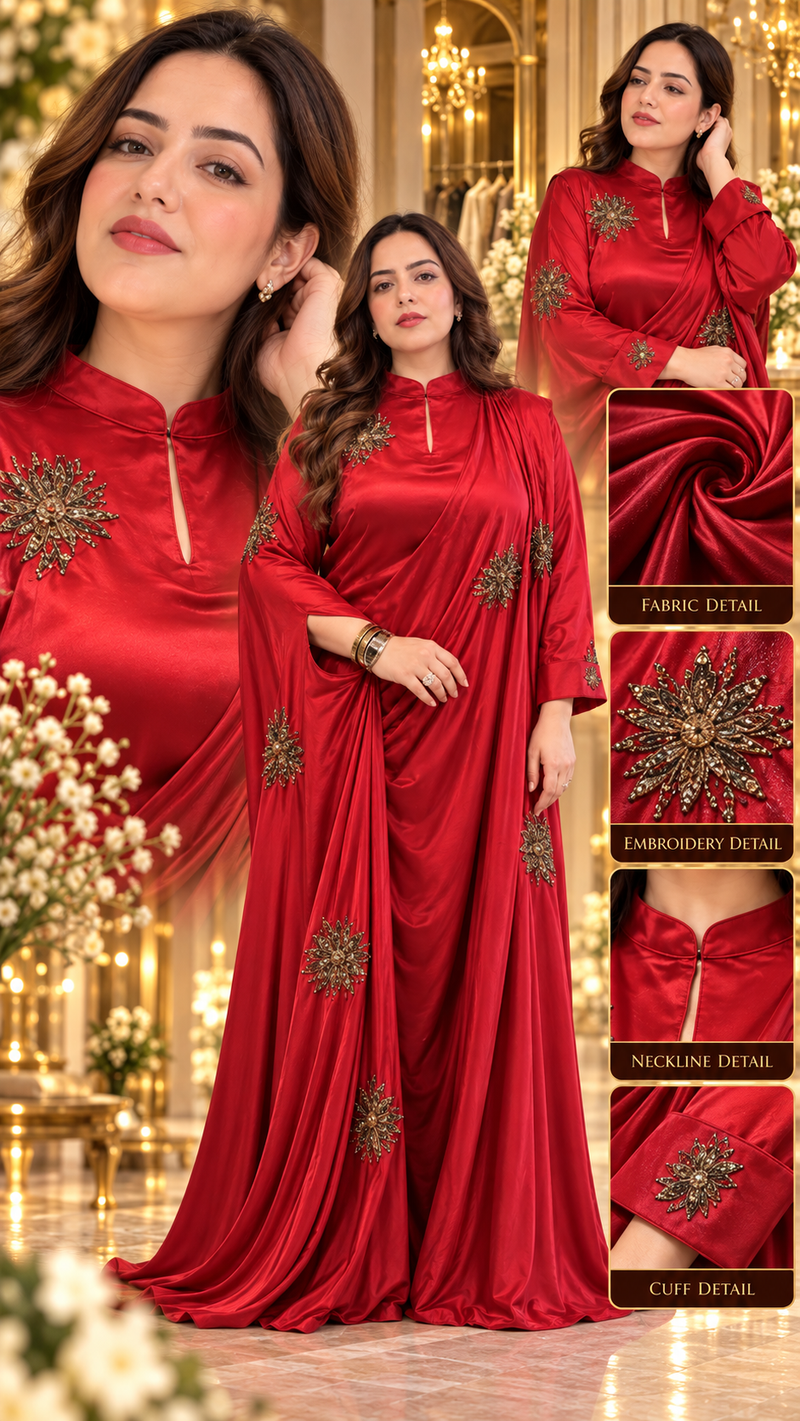 Crimson Elegance Embellished Draped Satin Gown