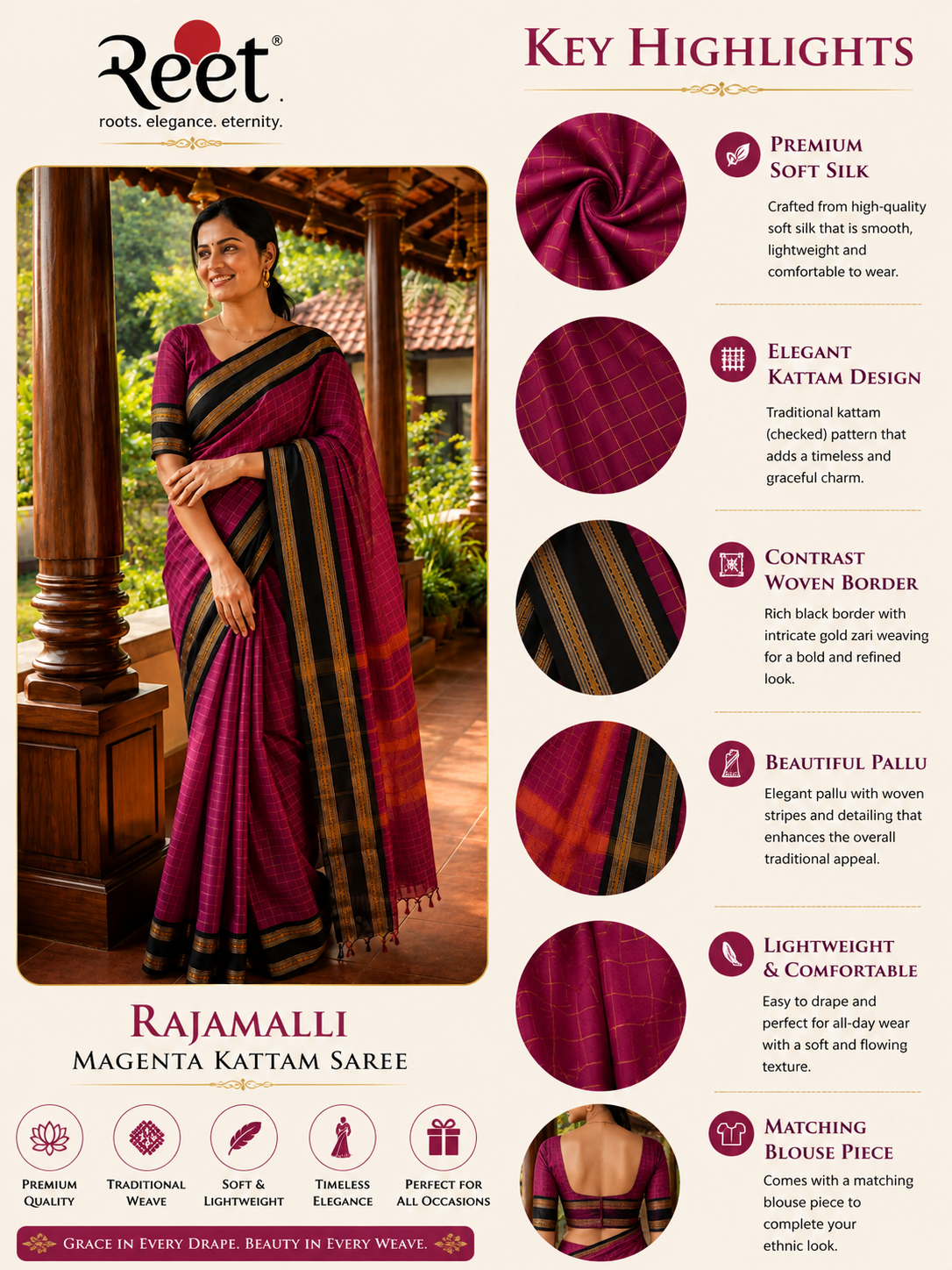 Rajamalli Magenta Kattam Saree