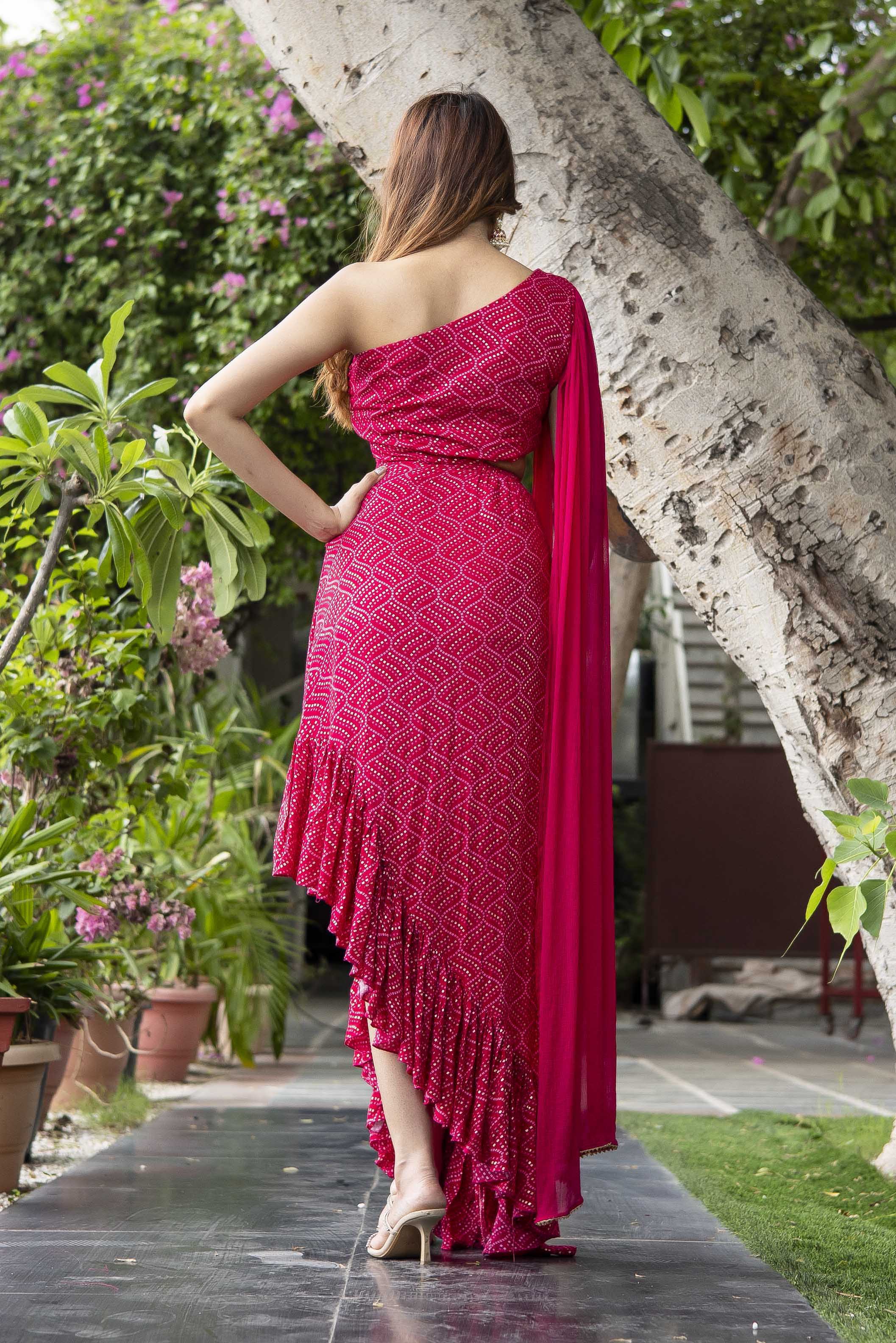One-shoulder Bandhani dress