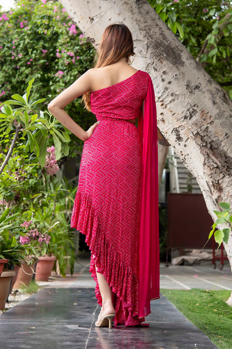 One-shoulder Bandhani dress