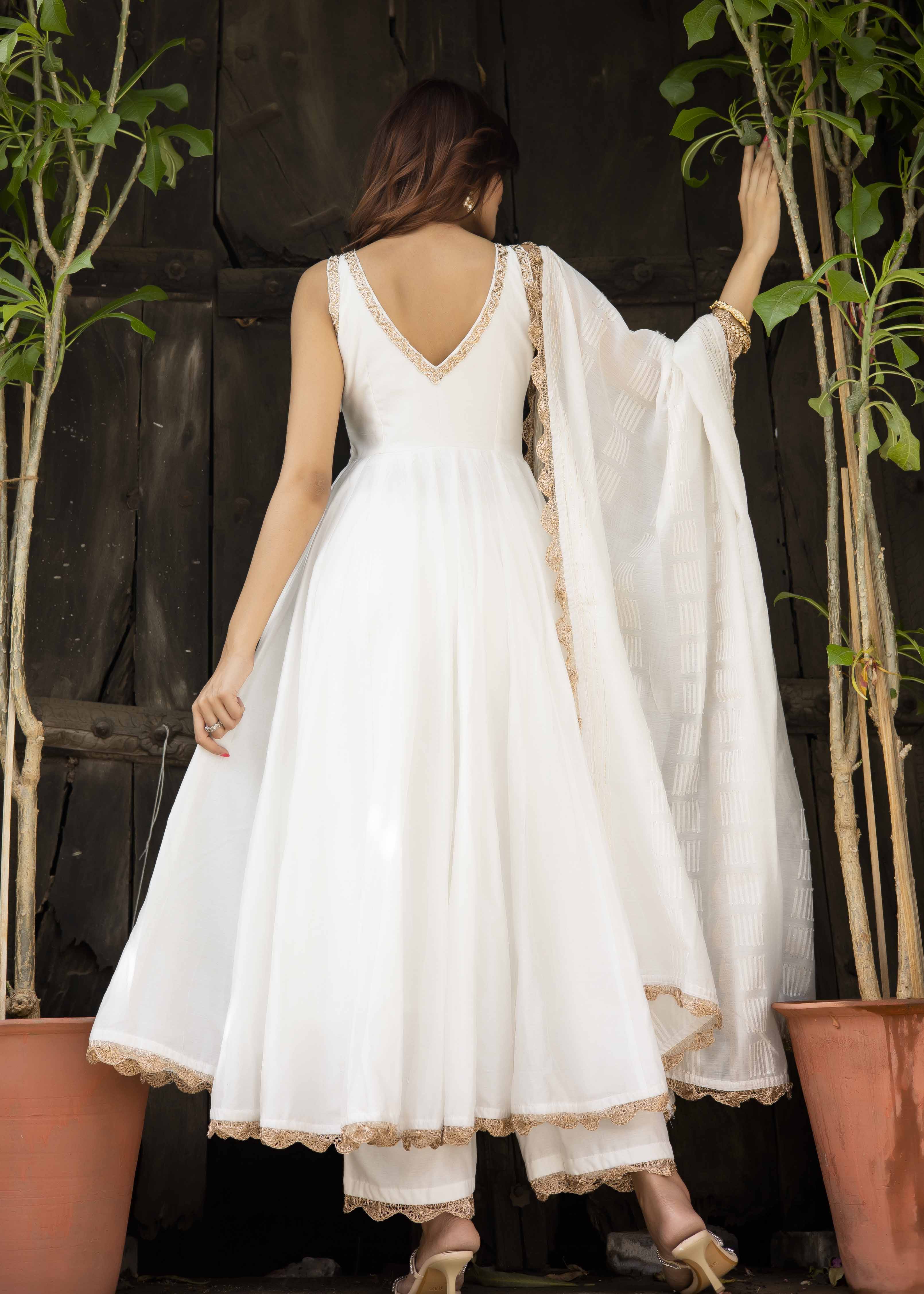 white muslin Anarkali suit with dupatta