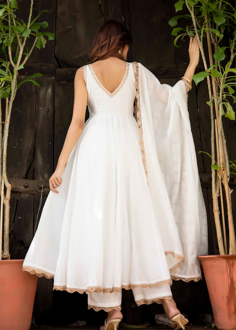 white muslin Anarkali suit with dupatta