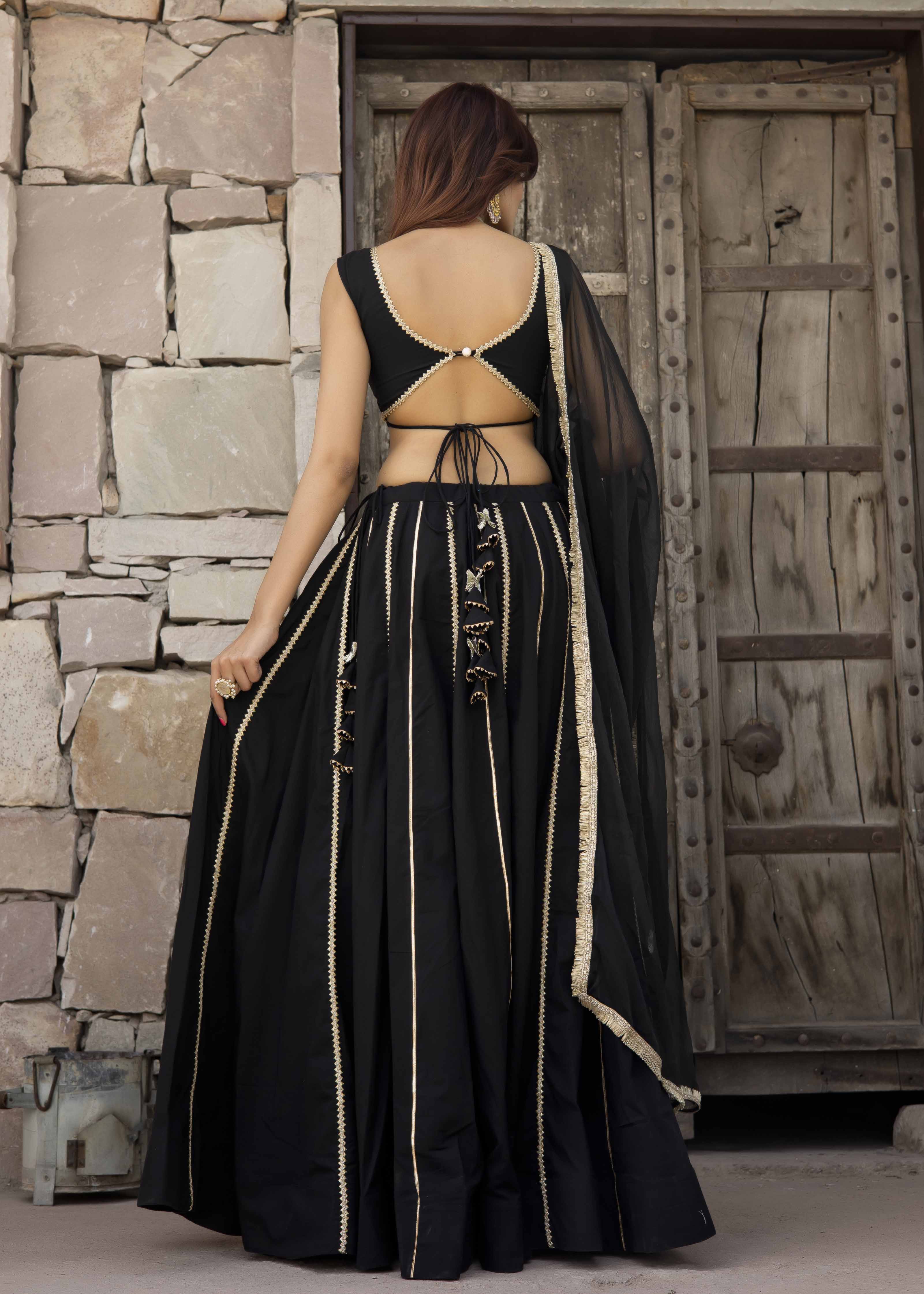 black cotton lehenga with chiffon dupatta