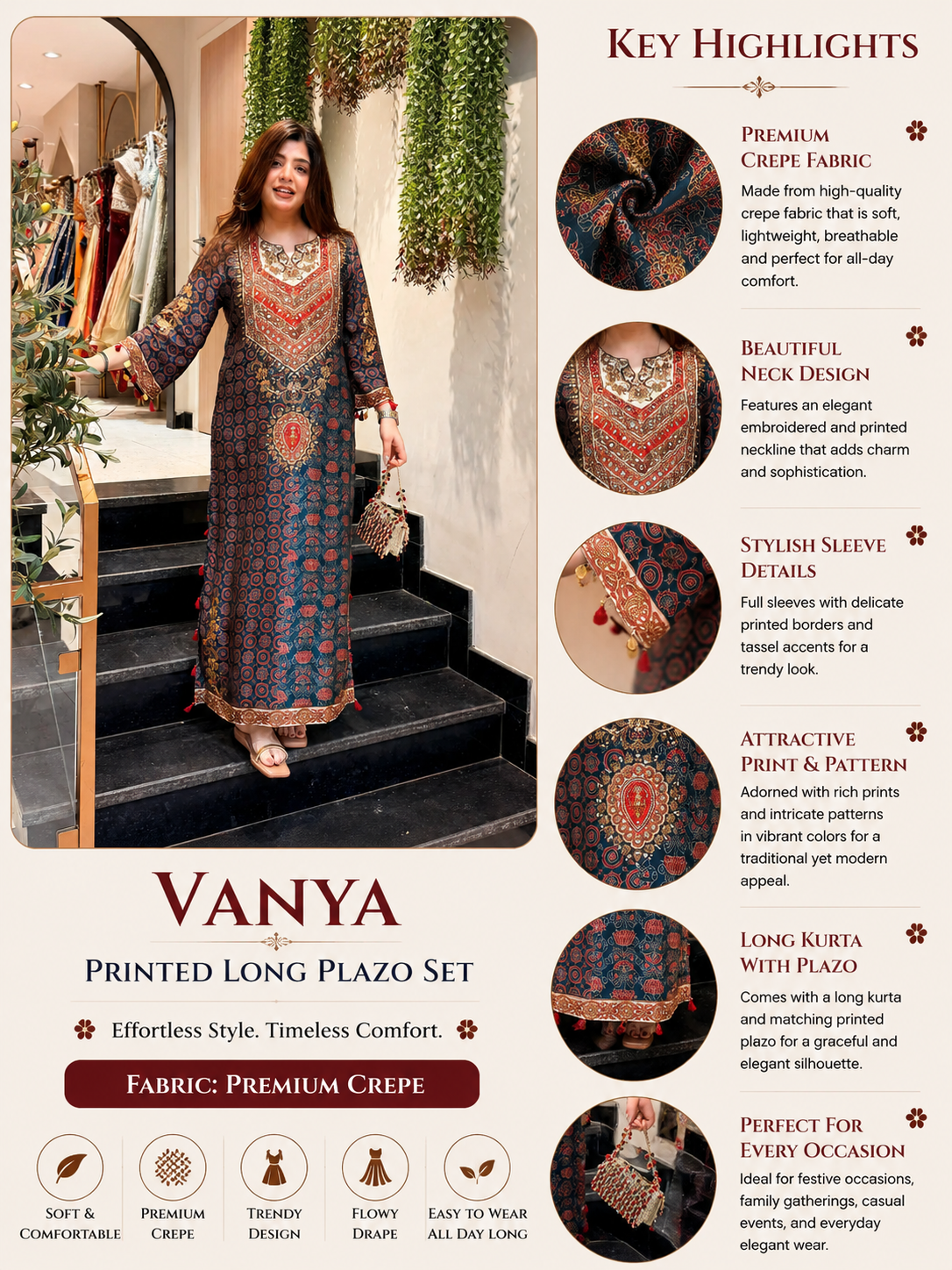 Vanya Printed Long Kaftan Plazo Set