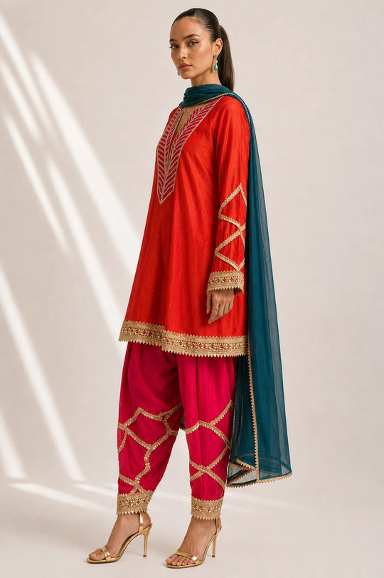 Silk Blend Red Kurti Pant Set with Embroidered Dupatta – 3 Piece Festive Suit