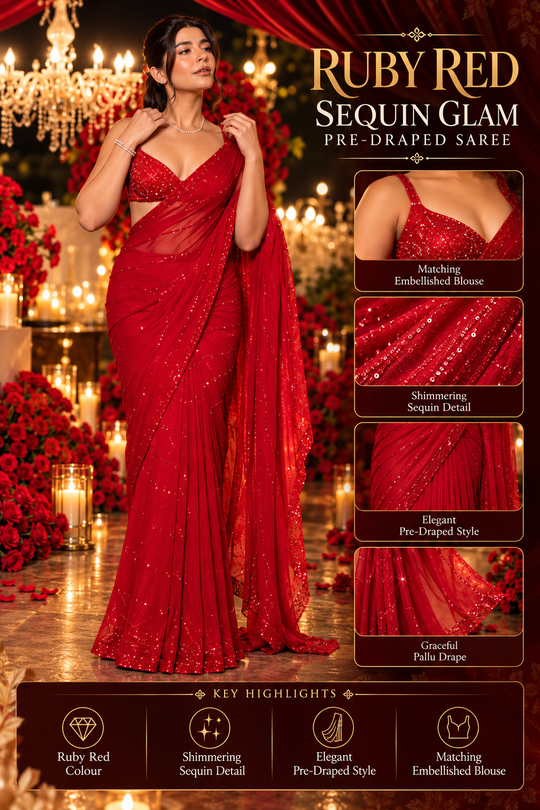 Red Sequins & Dori Work Georgette Designer Saree