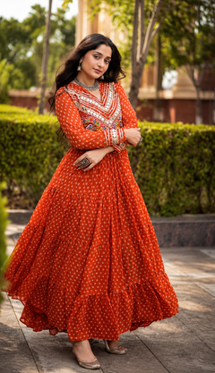 Bandhani Printed Gown with Kutchi Patchwork