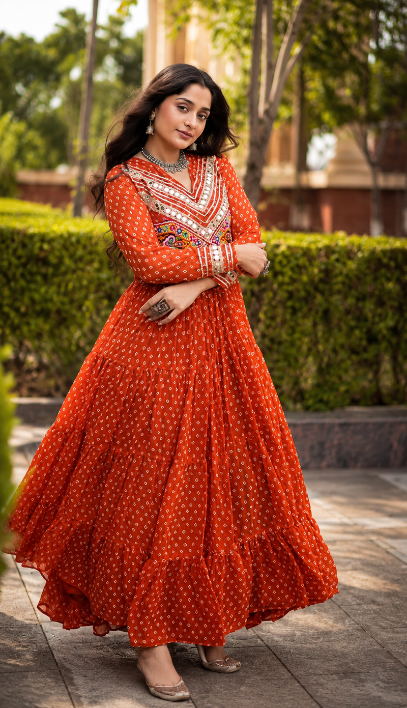 Bandhani Printed Gown with Kutchi Patchwork