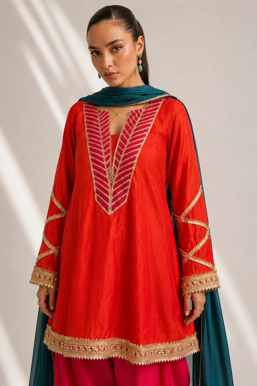 Silk Blend Red Kurti Pant Set with Embroidered Dupatta – 3 Piece Festive Suit