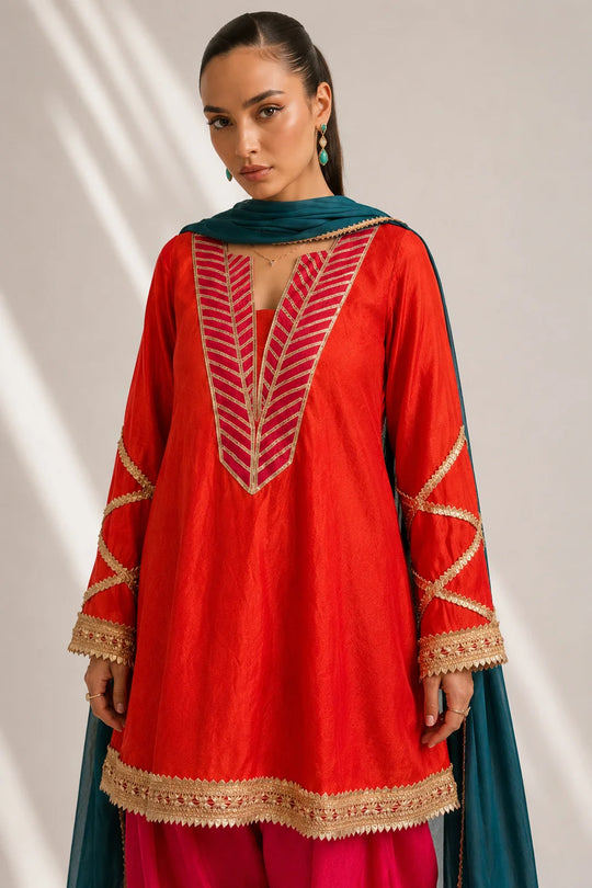 Silk Blend Red Kurti Pant Set with Embroidered Dupatta – 3 Piece Festive Suit