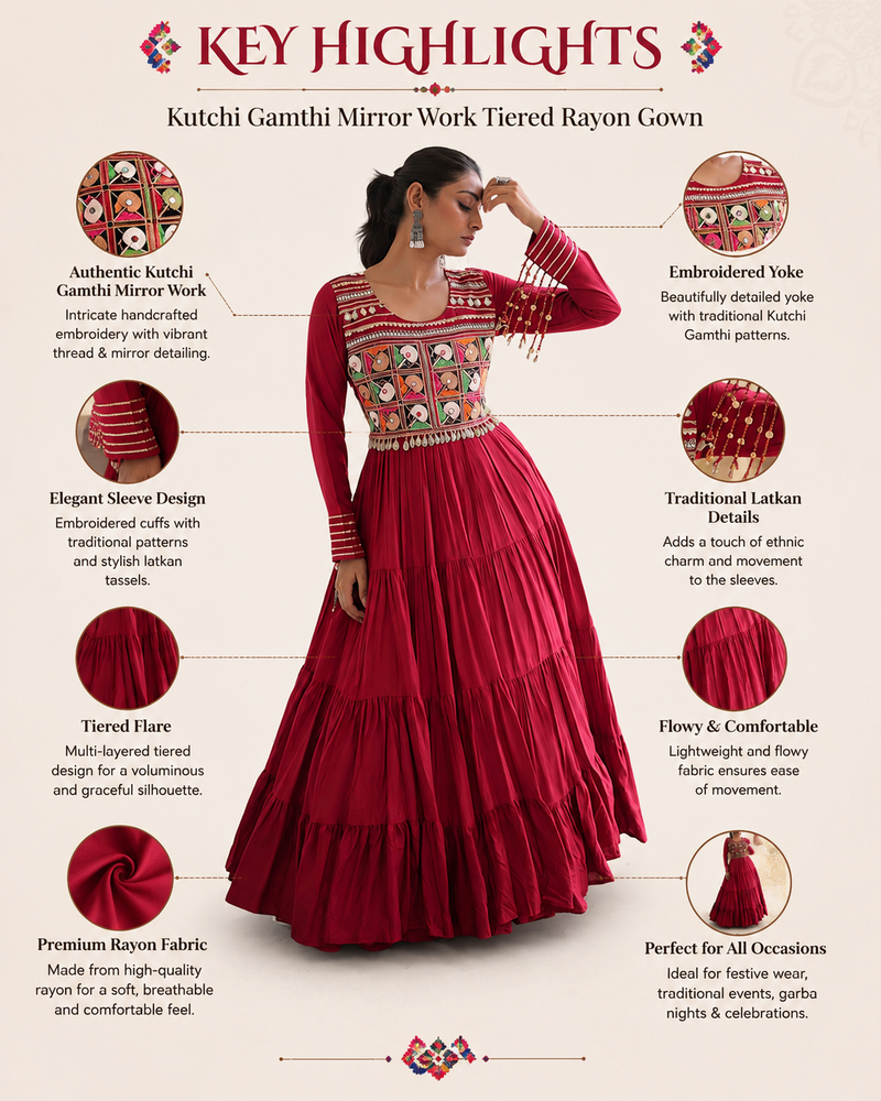 Kutchi Gamthi Mirror Work Tiered Rayon Gown