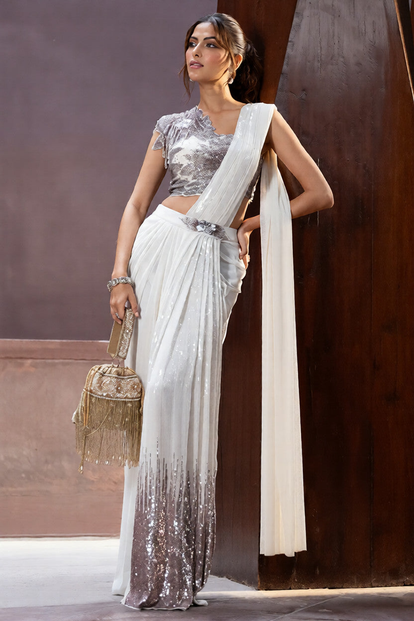 White Lycra Net Pre-Draped Saree with Blouse