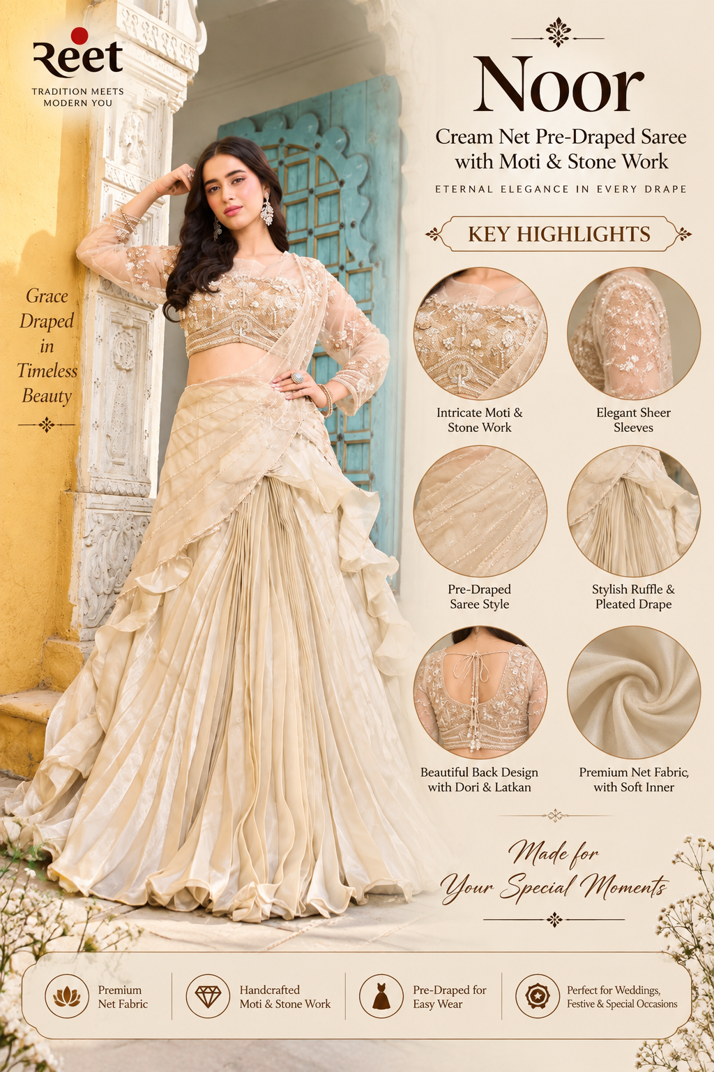Noor Cream Net Pre-Draped Saree with Moti & Stone Work Blouse