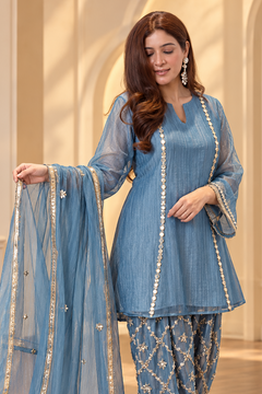 Royal Gota Patti Work Pakistani Kalidar Suit Set in Pure Crushed Tissue