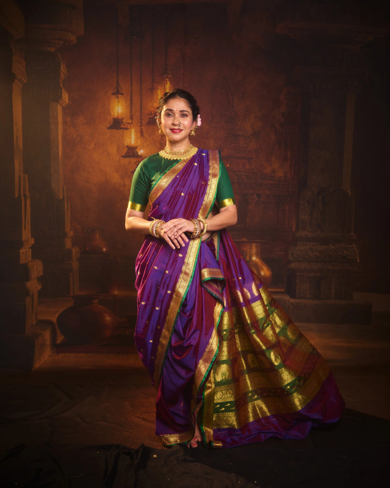 Jijamata Pure Cotton Silk 9-Yard Nauvari Paithani Saree With Morani Pallu