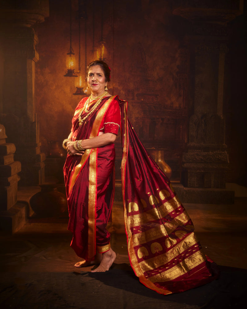 Jijamata Pure Cotton Silk 9-Yard Nauvari Paithani Saree With Morani Pallu