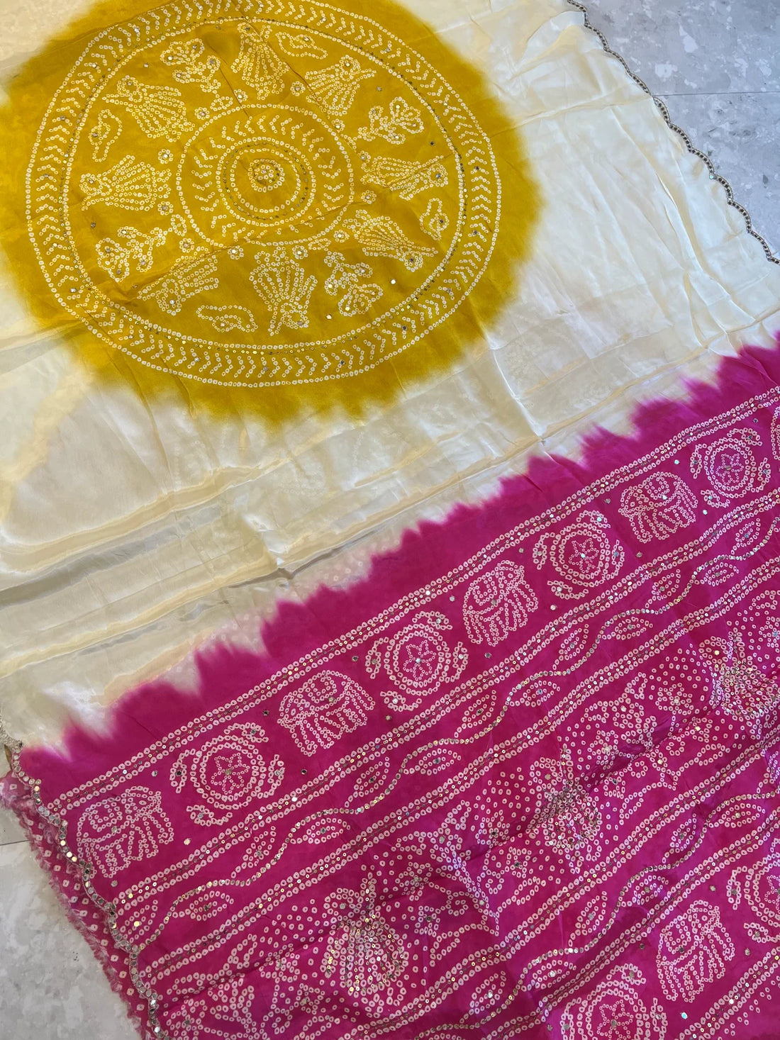 Bandhani Royale Cream & Red Saree with Aari Sequin & Mirror Work