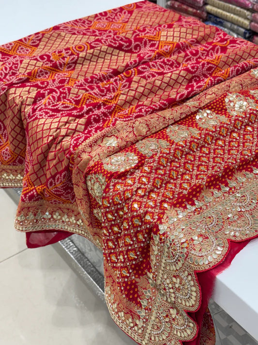 Red Woven Bandhej Gotapatti Saree 800
