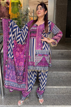 Purple Ethnic Printed Farshi Suit Set with Coordinated Dupatta