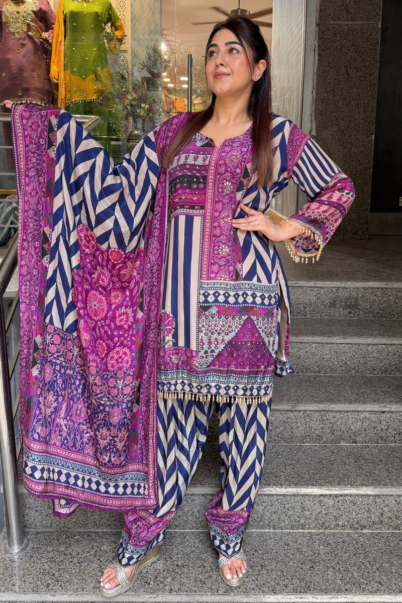 Purple Ethnic Printed Farshi Suit Set with Coordinated Dupatta