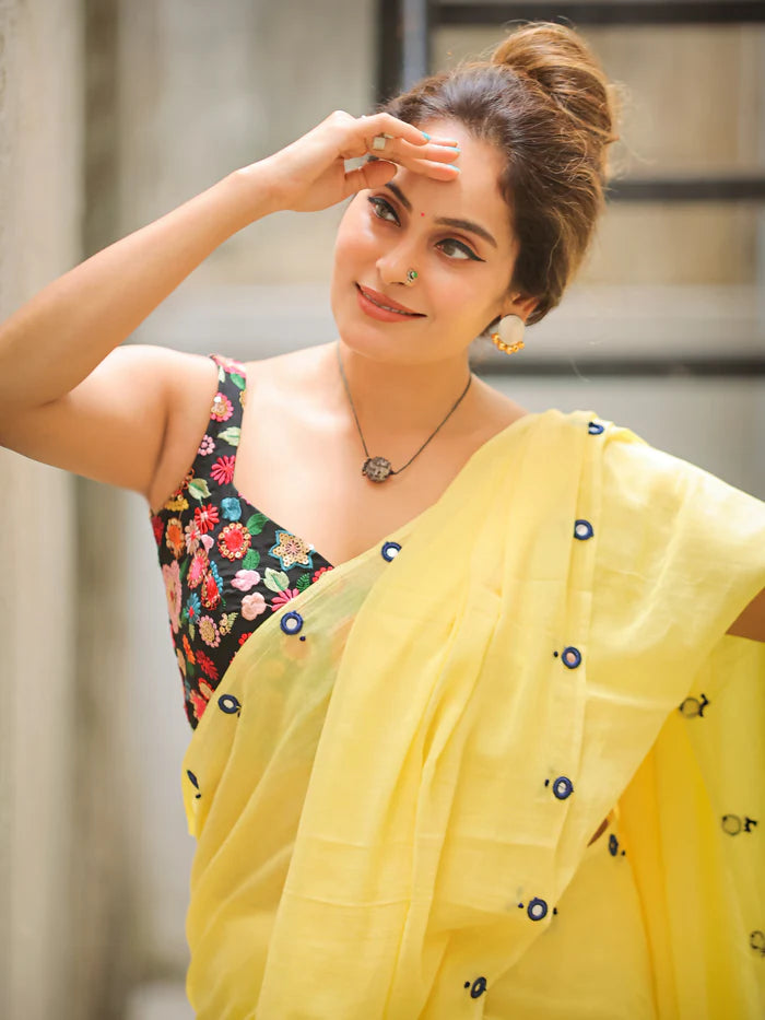 Lemon Glow Tassel Soft Mul Cotton Saree