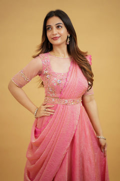 Premium Onion Pink Designer Lehenga Saree with Handworked Crop Top
