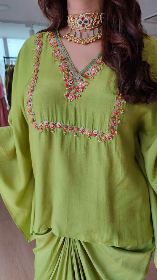 Lime Green Muslin Embroidered Kaftan Top & Skirt Set