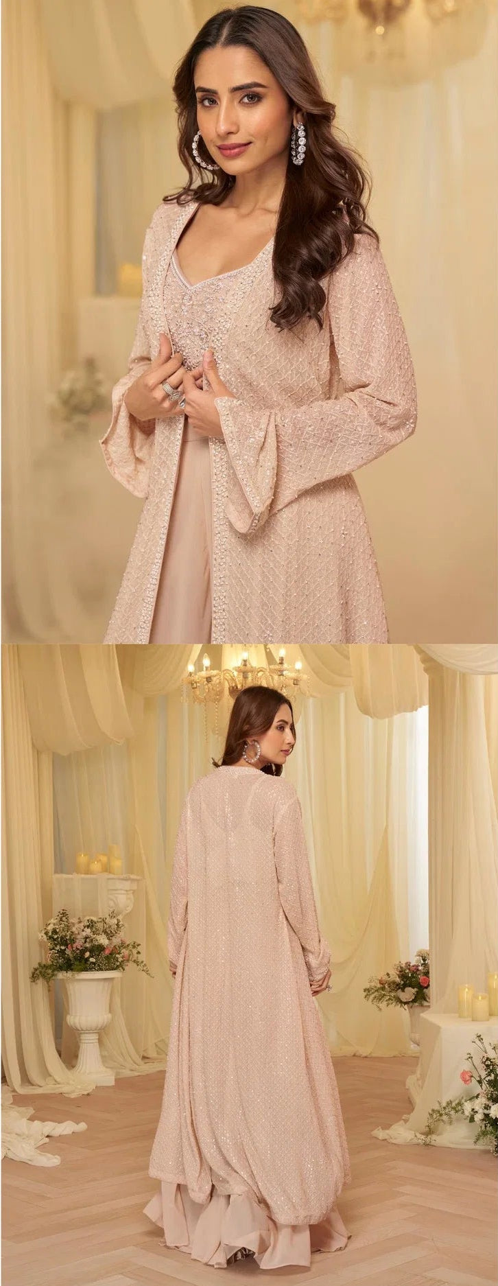 Ivory Embroidered Blouse, Palazzo & Jacket Set