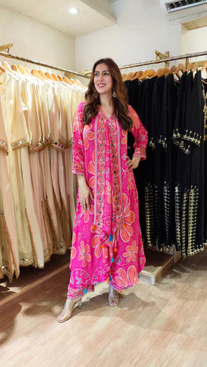 Fuchsia Pink Muslin Silk Floral Butterfly Kurta Pant Co-ord Set