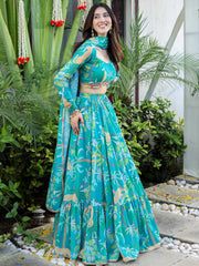 Green Printed Georgette Lehenga Set