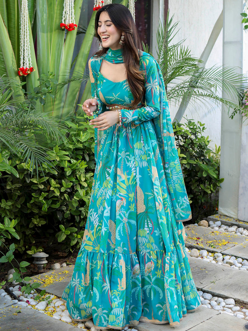 Green Printed Georgette Lehenga Set