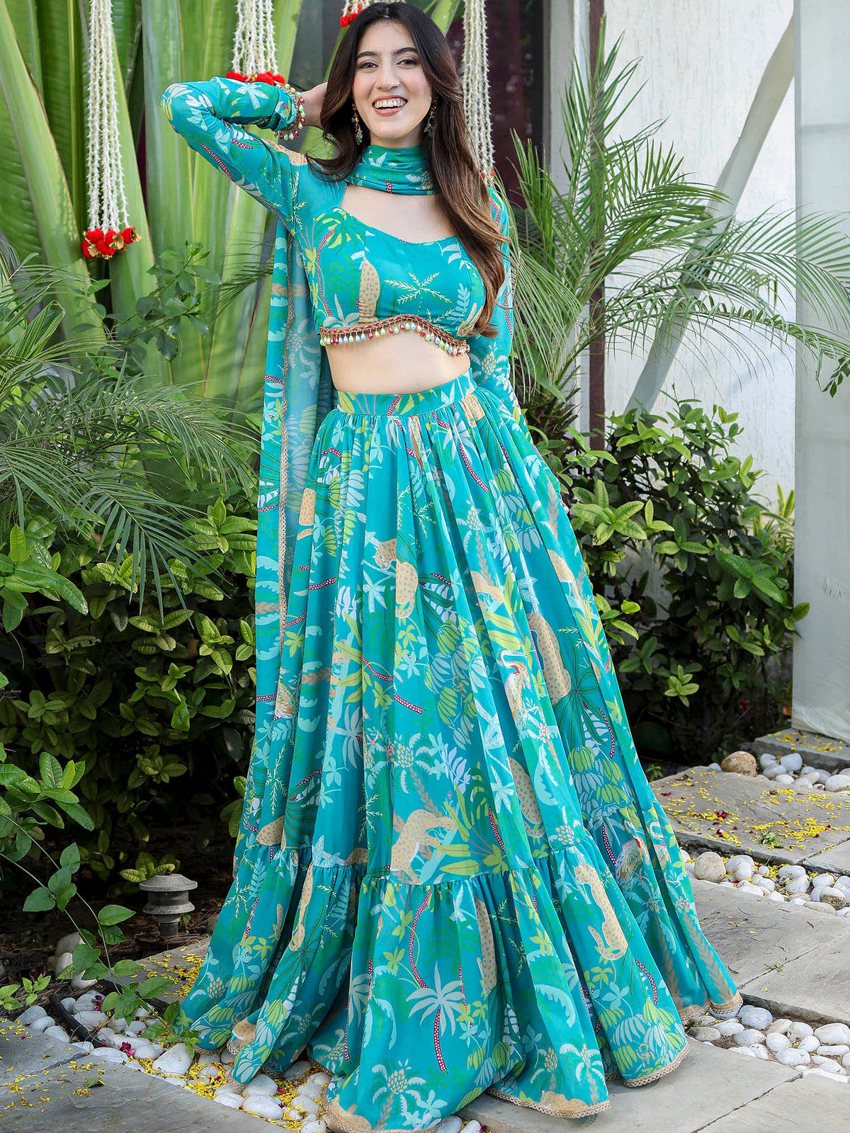 Green Printed Georgette Lehenga Set