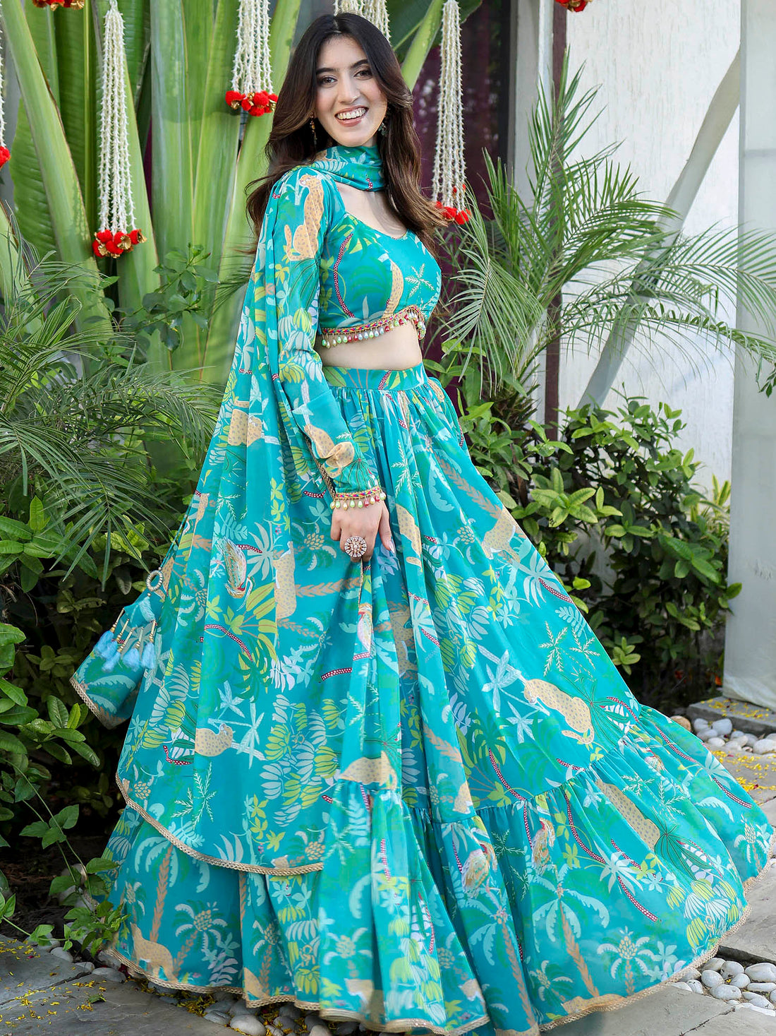 Green Printed Georgette Lehenga Set