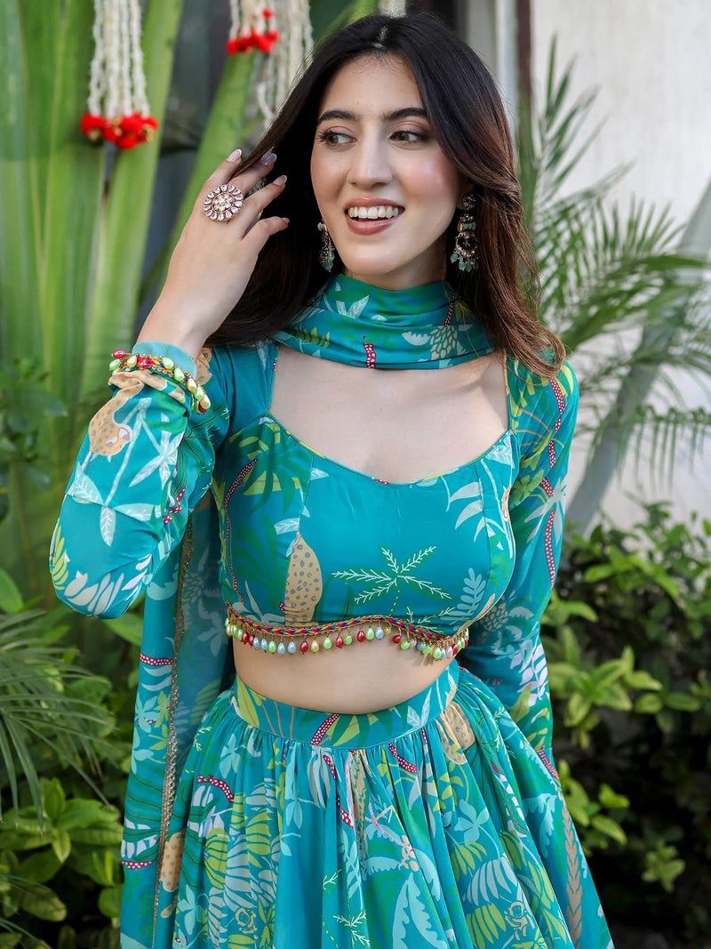 Green Printed Georgette Lehenga Set
