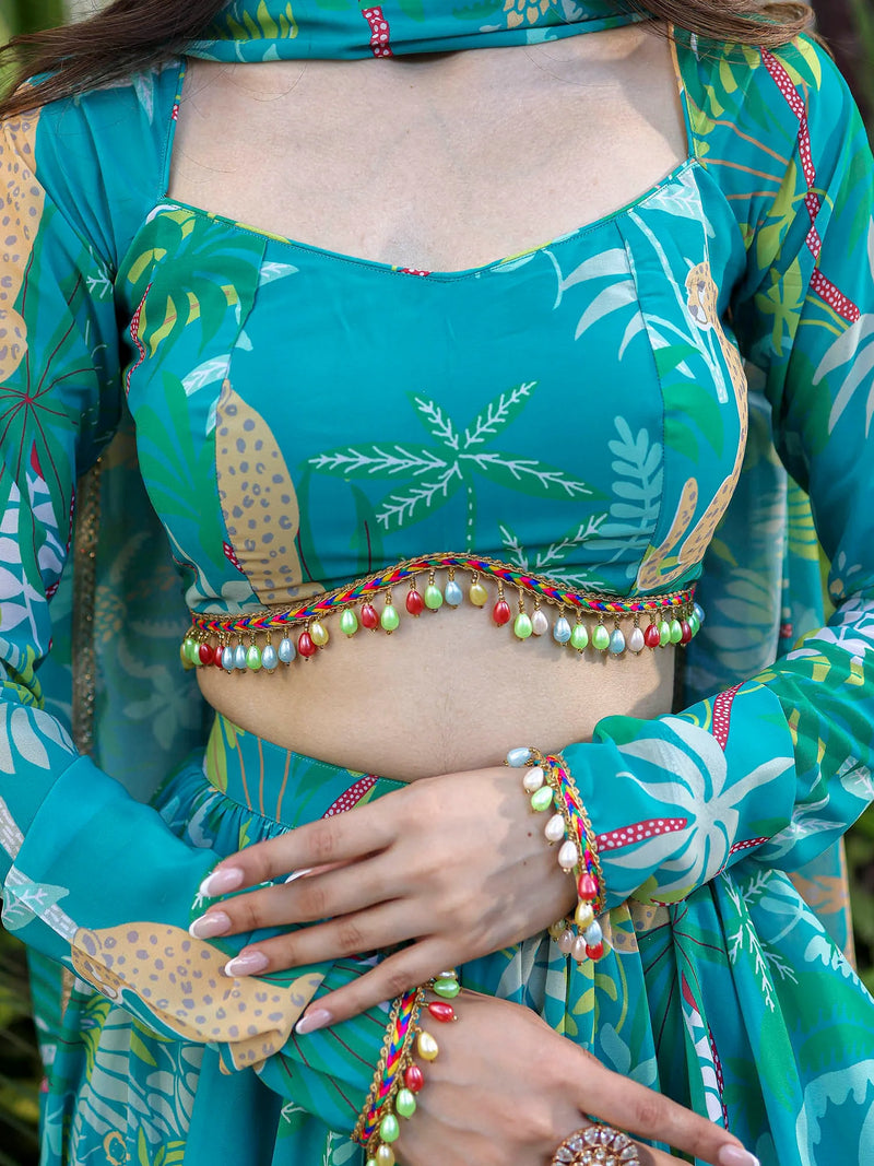 Green Printed Georgette Lehenga Set