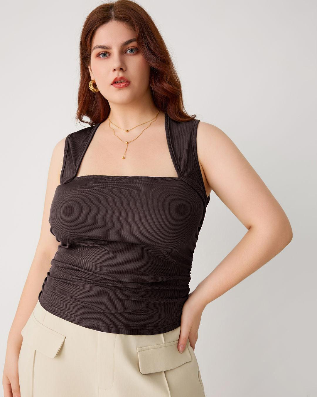 Ruched Square Neck Chocolate Brown Crop Top Curve & Plus