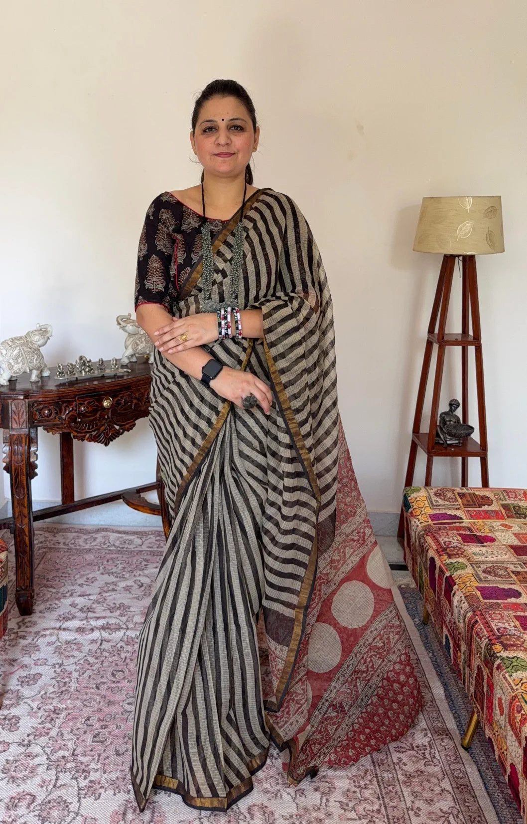 Handblock Kota Doria Striped Saree