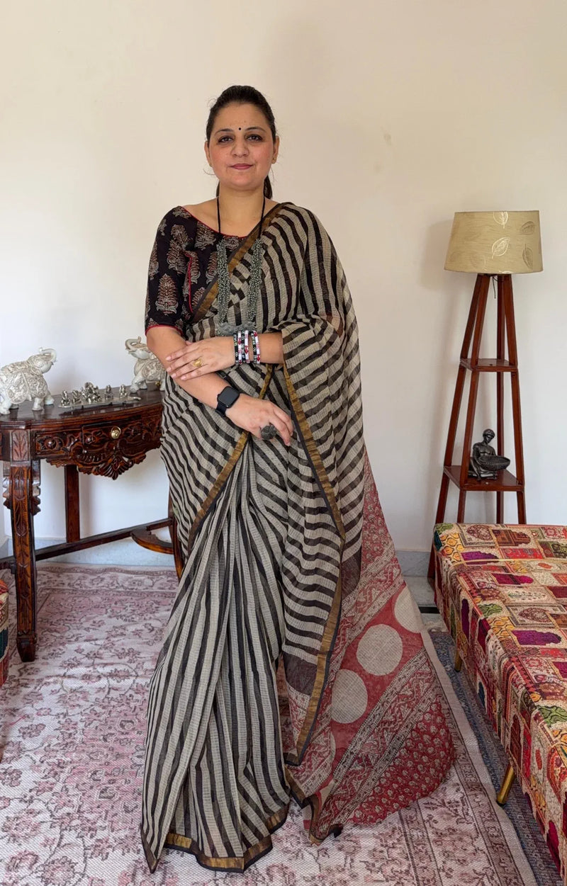 Handblock Kota Doria Striped Saree