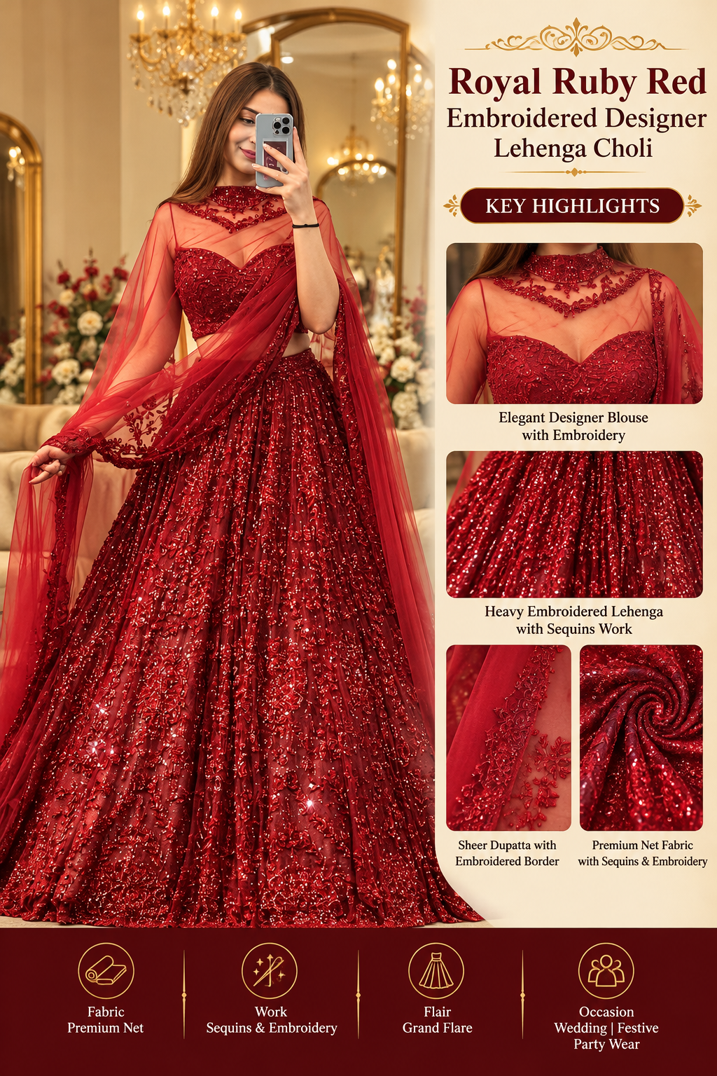 Royal Ruby Red Embroidered Designer Lehenga Choli