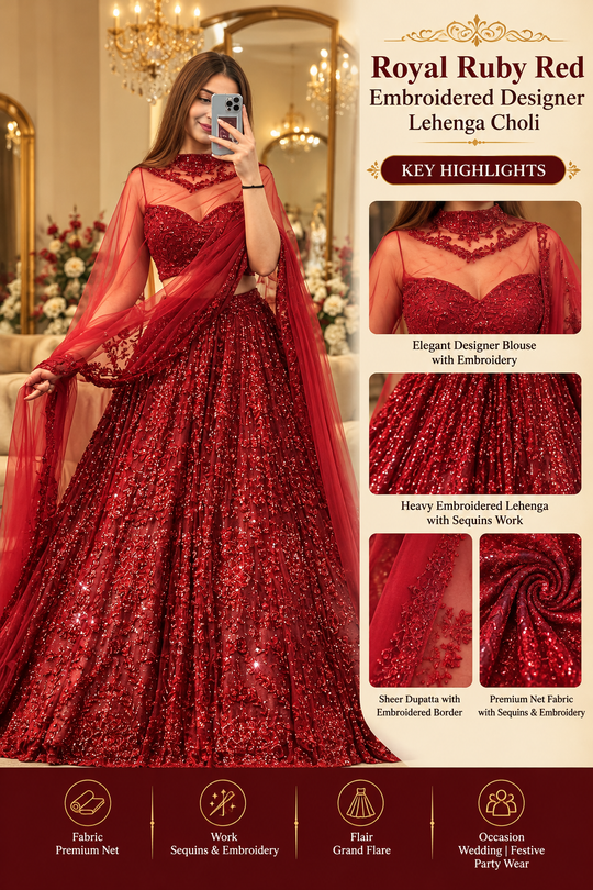 Royal Ruby Red Embroidered Designer Lehenga Choli