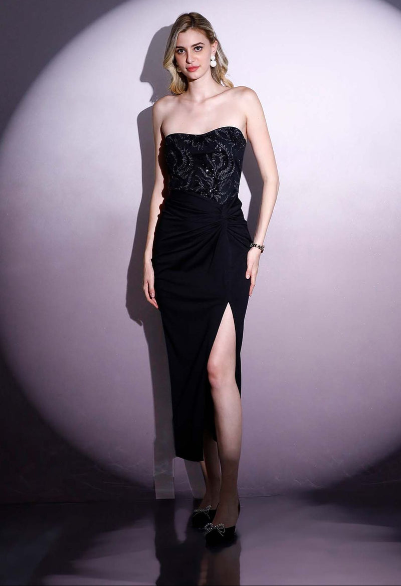 Midnight Noir Embellished Strapless Midi Dress for Women