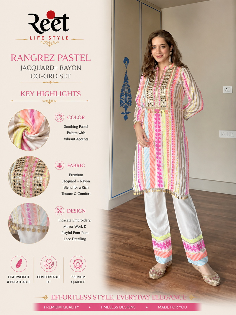 Pastel Stripe Mirror Work Kurta Set