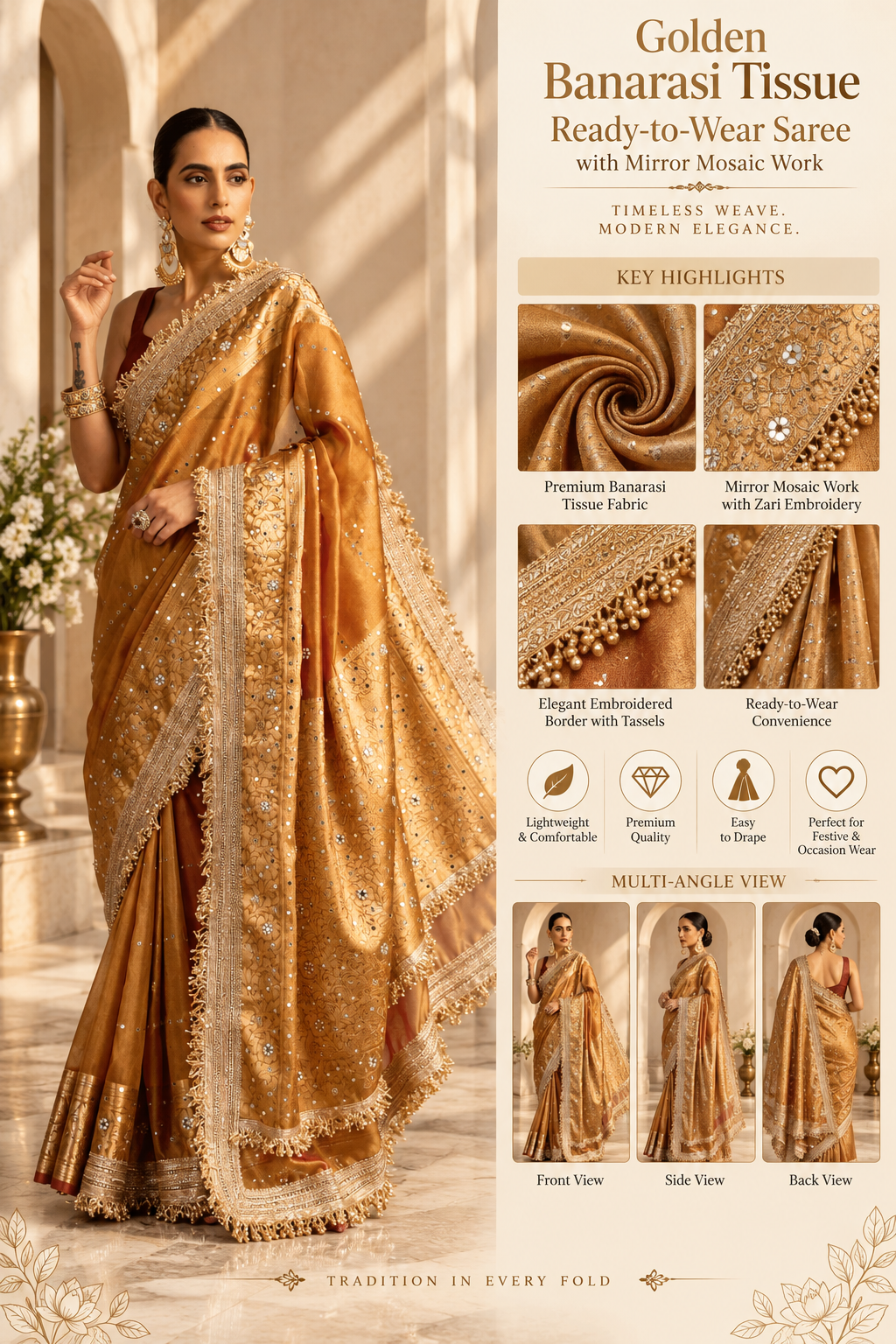 Golden Banarasi Tissue Ready-to-Wear Saree with Mirror Mosaic Work