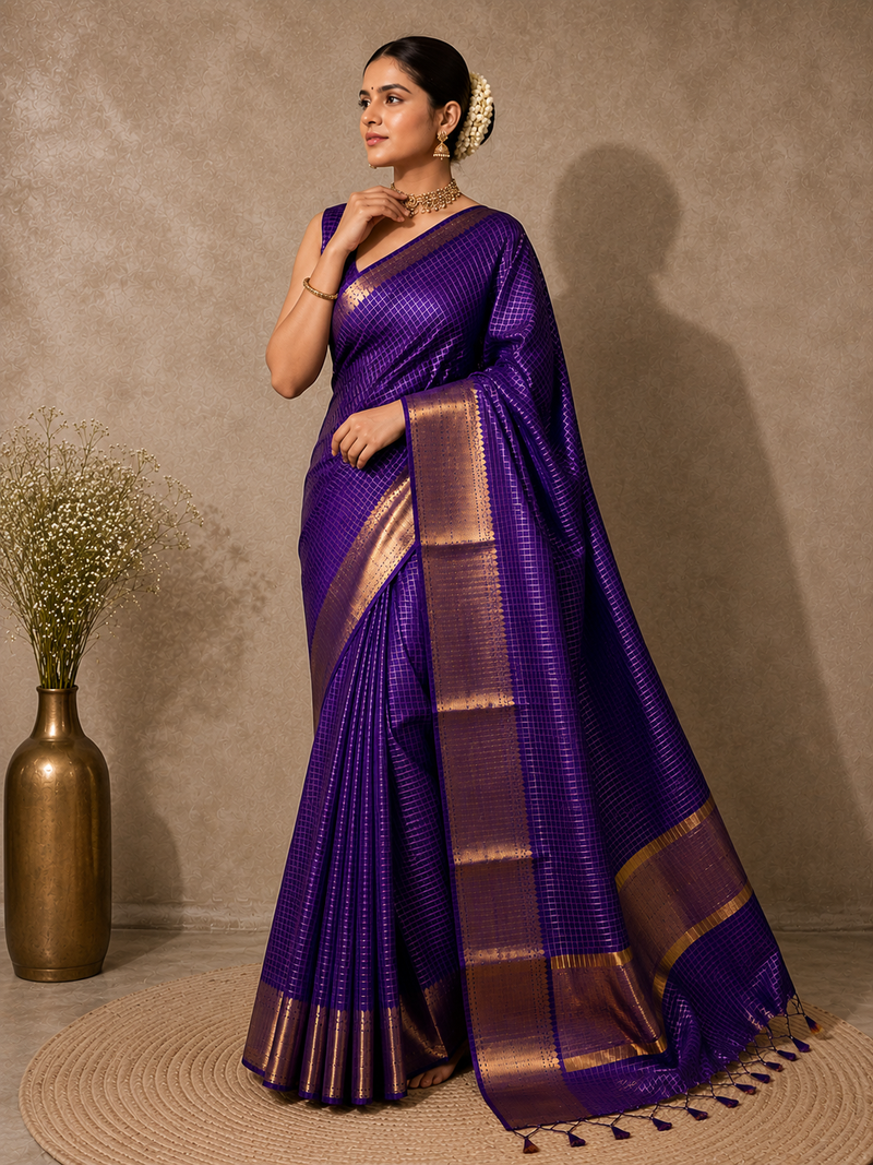 Royal Purple Semi Banarasi Check Saree