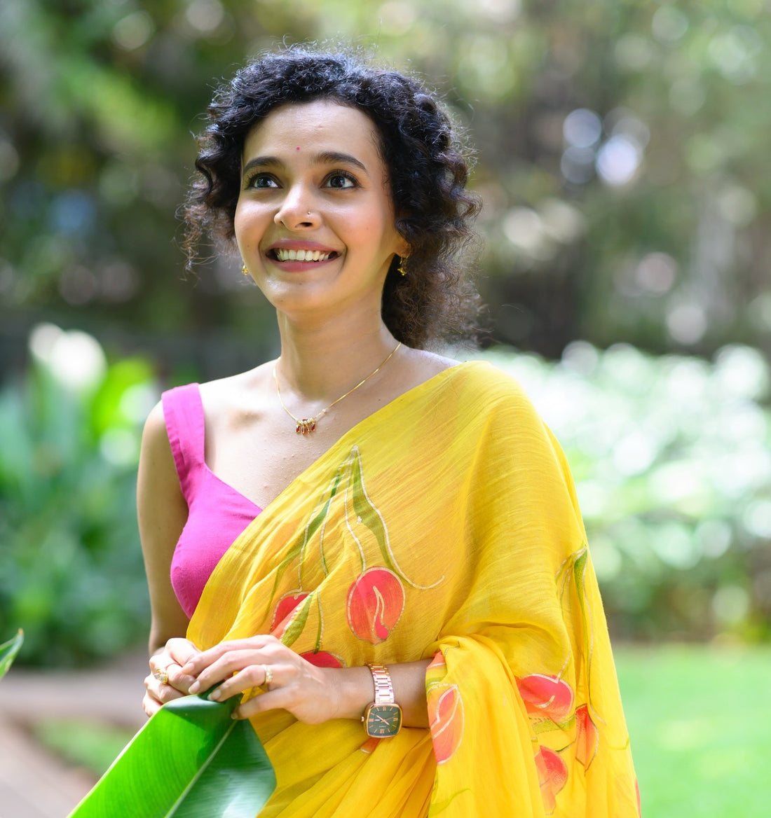Sunshine Yellow Hand-Painted Tulip Mul Cotton Saree