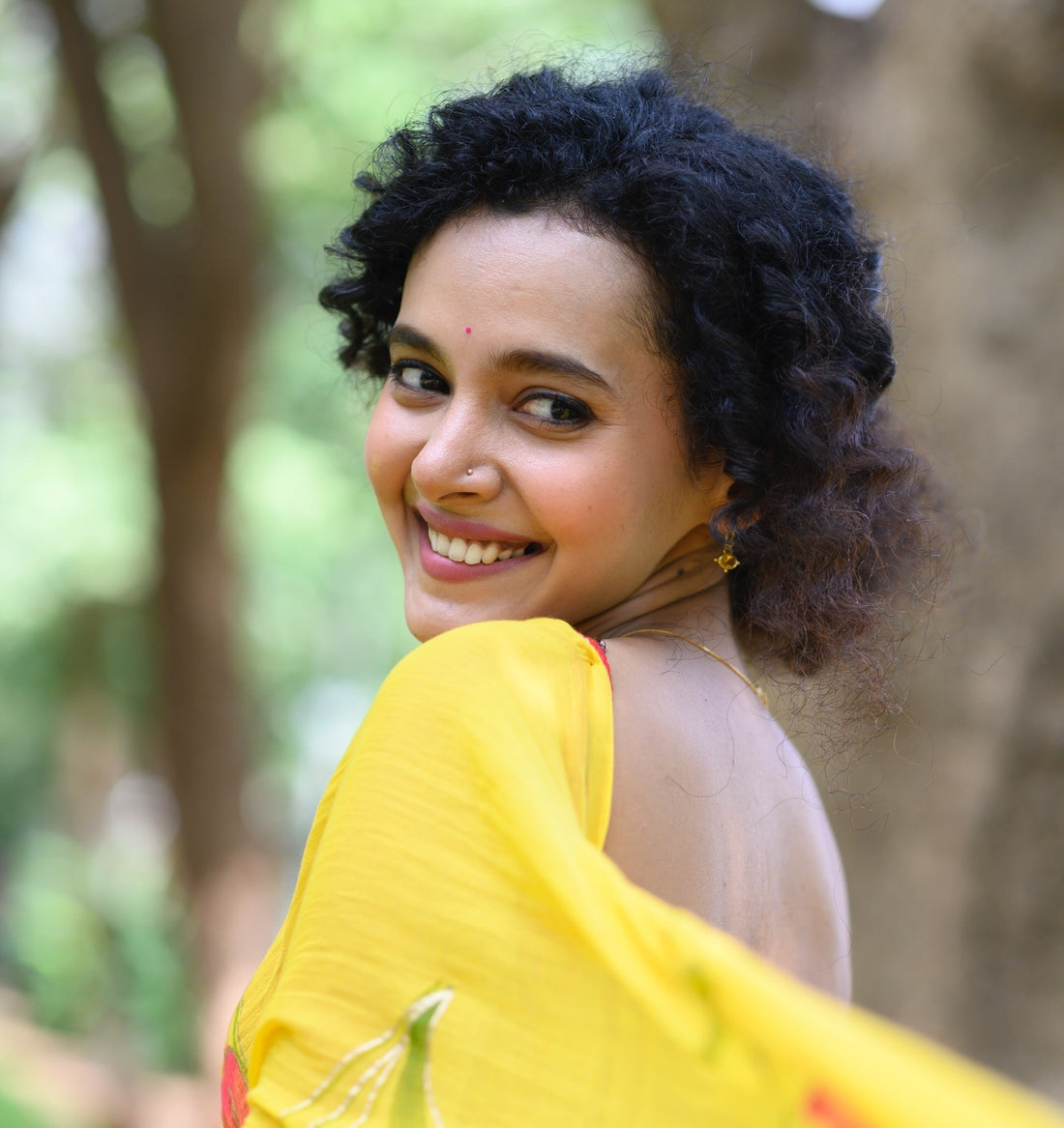 Sunshine Yellow Hand-Painted Tulip Mul Cotton Saree